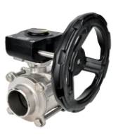 Кран шаровой DN.ru BV3232P(3pc)-FP-W-ISO-H Ду25 Ру63 полнопроходной двухходовой, нержавеющая сталь SS316, под приварку, уплотнение - PTFE, с ISO фланцем и редуктором DN.ru HAM RQN1-180Z-T40