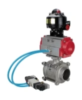 Кран шаровой DN.ru BV3232P(3pc)-FP-W-ISO-H WDVF Ду15 Ру63 полнопроходной, трехсоставной, корпус - нержавеющая сталь 316, уплотнение - PTFE, под приварку, с пневмоприводом PA-SA-065, пневмораспределителем 4V320-08 AC220V, БКВ APL-510N EX