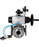 Кран шаровой DN.ru BV3232P(4pc)-FP-3WL-F Ду100 Ру16 полнопроходной трехходовой, фланцевый, корпус - нержавеющая сталь SS316, с пневмоприводом DN.ru PA-DA-105-1, пневмораспределителем 4V320-08 AC220V, БКВ APL-210N и БПВ AFC2000