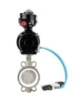Затвор дисковый поворотный DN.ru WBV3232P-2W-Fb-H Ду125 Ру16, корпус - нержавеющая сталь 316L, диск - нержавеющая сталь 316L, уплотнение - PTFE, с пневмоприводом PA-DA-105-1 двойного действия, с пневмораспределителем 4V320-08 AC220V, с БКВ APL-510N EX