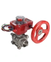 Кран шаровой DN.ru BV3232P(3pc)-FP-W-ISO-H Ду25 Ру63 полнопроходной двухходовой, нержавеющая сталь SS316, под приварку, уплотнение - PTFE, с ISO фланцем и редуктором DN.ru HGBF RQN1-180Z с индикатором положения и датчиком обратной связи