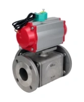 Кран шаровой DN.ru BV3232P(4pc)-FP-3WL-F-ISO-H Ду100 Ру16 полнопроходной трехходовой L-тип, фланцевый, корпус - нержавеющая сталь SS316, уплотнение - PTFE, пневмопривод PA-DA-105, пневмораспределитель 4M310-08 AC220V и магнитным переключателем ALS200D