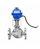 Кран шаровой DN.ru BV3232P(2pc)-FP-3WL-F-ISO-H Ду20 Ру16 HYMT, трехходовой L-тип, полнопроходной, фланцевый, корпус - нержавеющая сталь SS316, с электроприводом QT-N-003EM-O1-220VAC-У1 blue