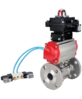 Кран шаровой DN.ru BV3131P(3pc)-FP-F-ISO-H Ду15 Ру40, трехсоставной полнопроходной фланцевый, нержавеющая сталь SS304, уплотнение - PTFE, с пневмоприводом PA-SA-065 с возвратными пружинами, с пневмораспределителем 4V320-08 AC220V, с БКВ APL-410N EX