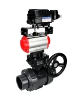 Кран шаровой DN.ru BV4242E-FP-GRM-ISO Дн65 Ру10 полнопроходной, корпус - НПВХ, шар - НПВХ, уплотнение - EPDM, с пневмоприводом PA-DA-065, ручным дублером MON1-250-T26-ISO и пневмопозиционером YT-1000RSN без обратной связи