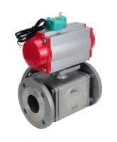 Кран шаровой DN.ru BV3232P(4pc)-FP-3WL-F-ISO-H Ду100 Ру16 полнопроходной трехходовой L-тип, фланцевый, корпус - нержавеющая сталь SS316, уплотнение - PTFE, с пневмоприводом PA-DA-105 и магнитным переключателем ALS200D