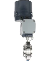 Затвор дисковый поворотный DN.ru WBV3131E-2W-C-H Ду50 Ру10 кламповый, корпус - пищевая нержавеющая сталь AISI 304, диск - нержавеющая сталь AISI 304, уплотнение - EPDM, с электроприводом четвертьоборотным DN.ru QTSA-N-003EM-O0-220VAC с пружинным возвратом