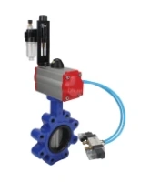 Затвор дисковый поворотный DN.ru WBV1631E-2W-Fb-H Ду100 Ру16 LUG корпус - чугун QT450, диск - нержавеющая сталь 304, уплотнение - EPDM, с пневмоприводом DN.ru PA-DA-083, пневмораспределителем 4V320-08 AC220V и БПВ AFC2000