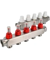 Коллекторная группа DN.ru GC1-31-5 1″ Ду25 Ру10 отводов — 5, в сборе с расходомерами и терморегулирующими клапанами, без переходников, корпус - нержавеющая сталь AISI 304