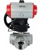 Кран шаровой DN.ru BV3232P(4pc)-SP-3WL-T-ISO-H Ду100 Ру40 стандартнопроходной трехходовой L-тип, нерж. сталь SS316, внутренняя резьба, уплотнение - PTFE, с пневмоприводом PA-DA-083 и ручным дублером MON2-450-T28-ISO