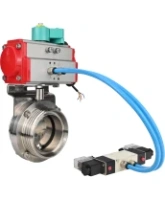 Затвор дисковый поворотный DN.ru WBV3131E-2W-T-H Ду50 Ру10 резьбовой, корпус - пищевая нержавеющая сталь 304, уплотнение - EPDM, с пневмоприводом PA-SA-065, пневмораспределителем 4V320-08 AC220V и магнитным переключателем ALS200D