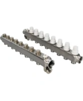 Коллекторная группа DN.ru GC4-31-8 1″ Ду25 Ру10 отводов — 8, в сборе с терморегулирующими клапанами и запорно-балансировочными клапанами, дренажным краном и воздухоотводчиком, с заглушками, без переходников, корпус - нержавеющая сталь AISI 304