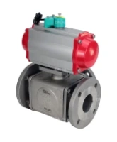 Кран шаровой DN.ru BV3232P(4pc)-FP-3WL-F-ISO-H Ду100 Ру16 полнопроходной трехходовой L-тип, фланцевый, корпус - нержавеющая сталь SS316, уплотнение - PTFE, с пневмоприводом PA-DA-105 и магнитным переключателем ALS200D