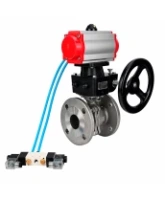 Кран шаровой DN.ru BV3232P(2pc)-FP-F-ISO-H WDVF Ду65 Ру16 полнопроходной, фланцевый, корпус - нержавеющая сталь 316, уплотнение - PTFE, с пневмоприводом PA-DA-083, пневмораспределителем 4V320-08 AC220V и ручным дублером MON2-450-T28-ISO