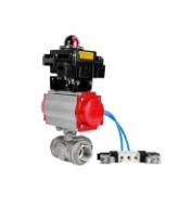 Кран шаровой DN.ru BV3232P(4pc)-SP-3WL-T-ISO-H WDVF Ду40 Ру63 стандартнопроходной, 3-ходовой L-тип, внутренняя резьба, нержавеющая сталь AISI 316, PTFE, с пневмоприводом PA-SA-130, пневмораспределителем 4V320-08 AC220V и БКВ APL-410N EX