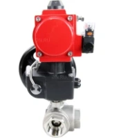Кран шаровой DN.ru BV3232P(4pc)-SP-3WL-T-ISO-H Ду100 Ру40 стандартнопроходной трехходовой L-тип, нерж. сталь SS316, внутренняя резьба, уплотнение - PTFE, пн.приводом PA-DA-083, пн.распределителем 4M310-08 AC220V и ручным дублером MON2-450-T28-ISO