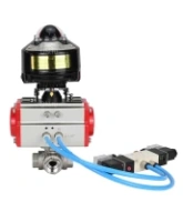 Кран шаровой DN.ru BV3232P(4pc)-SP-3WL-T-ISO-H 1/2″ Ду15 Ру63 стандартнопроходной трехходовой L-тип, нержавеющая сталь SS316, внутренняя резьба, уплотнение - PTFE, с пн.приводом DN.ru PA-DA-052 пн.распределителем 4V320-08 AC220V БКВ APL-510N-EX
