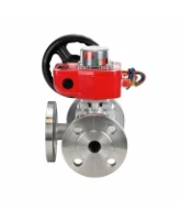 Кран шаровой DN.ru BV3232P(2pc)-FP-3WL-F-ISO-H Ду20 Ру16 HYMT, трехходовой L-тип, полнопроходной, фланцевый, корпус - нержавеющая сталь SS316, с редуктором HGBF RQN1-180Z с визуальным указателем положения и датчиком обратной связи