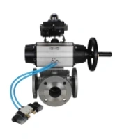 Кран шаровой DN.ru BV3232P(4pc)-FP-3WL-F Ду100 Ру16 полнопроходной трехходовой, фланцевый, корпус - нержавеющая сталь SS316, с пневмоприводом DN.ru PA-DA-105-1 двойного действия, пневмораспределителем 4V320-08 AC220V и БКВ APL-410N EX