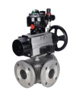 Кран шаровой DN.ru BV3232P(4pc)-FP-3WL-F Ду100 Ру16 полнопроходной трехходовой, фланцевый, корпус - нержавеющая сталь SS316, с пневмоприводом DN.ru PA-DA-105-1, пневмораспределителем 4M310-08 AC220V, БКВ APL-510N EX и БПВ AFC2000