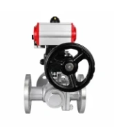 Кран шаровой DN.ru BV3232P(2pc)-FP-3WL-F-ISO-H Ду20 Ру16 HYMT трехходовой L-тип, полнопроходной, фланцевый, корпус - нержавеющая сталь AISI316, с пневмоприводом PA-DA-052, пневмораспределителем 4M320-08 AC220V и ручным дублером MON1-250-T26-ISO