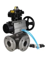 Кран шаровой DN.ru BV3232P(4pc)-FP-3WL-F Ду100 Ру16 полнопроходной трехходовой, фланцевый, корпус - нержавеющая сталь SS316, с пневмоприводом DN.ru PA-DA-105-1 двойного действия, пневмораспределителем 4V320-08 AC220V и БКВ APL-410N EX