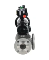 Кран шаровой DN.ru BV3232P(4pc)-FP-3WL-F Ду100 Ру16 полнопроходной трехходовой, фланцевый, корпус - нержавеющая сталь SS316, с пневмоприводом DN.ru PA-DA-105-1, пневмораспределителем 4M310-08 AC220V, БКВ APL-510N EX и БПВ AFC2000