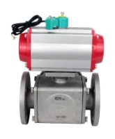 Кран шаровой DN.ru BV3232P(4pc)-FP-3WL-F-ISO-H Ду100 Ру16 полнопроходной трехходовой L-тип, фланцевый, корпус - нержавеющая сталь SS316, уплотнение - PTFE, пневмопривод PA-DA-105, пневмораспределитель 4M310-08 AC220V и магнитным переключателем ALS200D