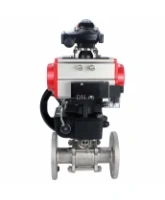 Кран шаровой DN.ru BV3131P(3pc)-FP-F-ISO-H Ду15 Ру40, трехсоставной полнопроходной фланцевый, нержавеющая сталь SS304, PTFE, с пневмоприводом PA-DA-052, с пн.распределителем 4M310-08 AC220V, с БКВ APL-210N, с ручным дублером MON1-250-T26-ISO