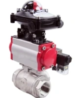 Кран шаровой DN.ru BV3232P(4pc)-SP-3WL-T-ISO-H Ду40 Ру63 стандартнопроходной трехходовой L-тип, нерж. сталь SS316, внутренняя резьба, уплотнение - PTFE, пн.приводом PA-DA-065, пн.распределителем 4M310-08 AC220V и БКВ APL-210N