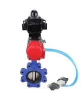 Затвор дисковый поворотный DN.ru WBV1616E-2W-Fb-H Ду100 Ру16 LUG корпус - чугун QT450, диск - чугун QT450, уплотнение - EPDM, с пневмоприводом DN.ru PA-DA-083, пневмораспределителем 4V320-08 AC220V и БКВ APL-410N EX