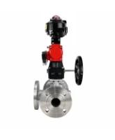 Кран шаровой DN.ru BV3232P(2pc)-FP-3WL-F-ISO-H Ду20 Ру16 HYMT трехходовой L-тип, полнопроходной, фланцевый, корпус - нерж.сталь AISI316, с пн.приводом PA-DA-052, пн.распределителем 4M320-08 AC220V, ручным дублером MON1-250-T26-ISO и БКВ APL-510N EX