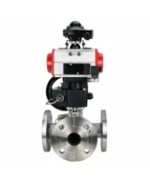 Кран шаровой DN.ru BV3232P(2pc)-FP-3WL-F-ISO-H Ду20 Ру16 HYMT, трехходовой L-тип, полнопроходной, фланцевый, корпус - нержав.сталь SS316, с пневмоприводом PA-DA-052, пн.распределителем 4M310-08 AC220V, ручным дублером MON1-250-T26-ISO и БКВ APL-210N