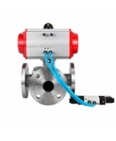 Кран шаровой DN.ru BV3232P(2pc)-FP-3WL-F-ISO-H Ду80 Ру16 HYMT, трехходовой L-тип, полнопроходной, фланцевый, корпус - нержавеющая сталь SS316, с пневмоприводом PA-SA-130 и пневмораспределителем 4V320-08 AC220V