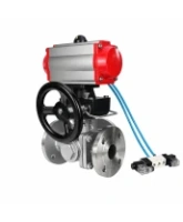 Кран шаровой DN.ru BV3232P(2pc)-FP-3WL-F-ISO-H Ду20 Ру16 HYMT, трехходовой L-тип, полнопроходной, фланцевый, корпус - нержавеющая сталь SS316, с пневмоприводом PA-DA-052, пневмораспределителем 4V320-08 AC220V и ручным дублером MON1-250-T26-ISO