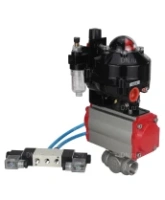 Кран шаровой DN.ru BV3232P(4pc)-SP-3WL-T-ISO-H 1/2″ Ду15 Ру63 стандартнопроходной трехходовой L-тип, нержавеющая сталь SS316, внутренняя резьба, PTFE, с пн.приводом DN.ru PA-DA-052 пн.распределителем 4V320-08 AC220V БПВ AFC2000 БКВ APL-510N-EX