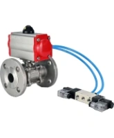 Кран шаровой DN.ru BV3131P(3pc)-FP-F-ISO-H Ду15 Ру40, трехсоставной полнопроходной фланцевый, нержавеющая сталь SS304, уплотнение - PTFE, с пневмоприводом PA-SA-065 с возвратными пружинами, с пневмораспределителем 4V320-08 AC220V