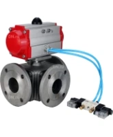 Кран шаровой DN.ru BV3232P(4pc)-FP-3WL-F Ду65 Ру16 полнопроходной трехходовой, фланцевый, корпус - нержавеющая сталь SS316, с пневмоприводом DN.ru PA-DA-083 двойного действия и пневмораспределителем 4V320-08 AC220V