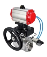 Кран шаровой DN.ru BV3232P(4pc)-SP-3WL-T-ISO-H Ду15 Ру63, стандартнопроходной, четырехсоставной, нержавеющая сталь 316, PTFE, внутренняя резьба, с пневмоприводом PA-DA-052, пневмораспределителем 4V320-08 AC220V, ручным дублером MON1-250-T26-ISO
