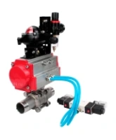 Кран шаровой DN.ru BV3232P(3pc)-FP-W-ISO-H LONG Ду32 Ру40 полнопроходной, корпус - нержавеющая сталь 316, уплотнение - PTFE, под приварку, с пневмоприводом DN.ru PA-SA-083, пневмораспределителем 4V320-08 AC220V, БКВ APL-210N и БПВ AFC2000