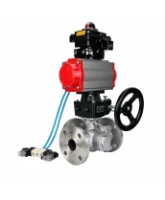 Кран шаровой DN.ru BV3232P(2pc)-FP-3WL-F-ISO-H Ду20 Ру16 HYMT, трехходовой L-тип, полнопроходной, фланцевый, нержав.сталь SS316, с пневмоприводом PA-DA-052, пневмораспределителем 4V320-08 AC220V, ручным дублером MON1-250-T26-ISO и БКВ APL-410N EX