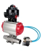 Кран шаровой DN.ru BV3232P(3pc)-FP-W-ISO-H LONG Ду32 Ру40 полнопроходной, корпус - нержавеющая сталь 316, уплотнение - PTFE, под приварку, с пневмоприводом DN.ru PA-SA-083, пневмораспределителем 4V320-08 AC220V и БКВ APL-510N EX