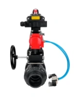 Кран шаровой DN.ru BV4242E-FP-GRM-ISO Дн50 Ру10 полнопроходной, корпус - НПВХ, шар - НПВХ, уплотнение - EPDM, с пневмоприводом PA-DA-052, пневмораспределителем 4V320-10 AC220V, ручным дублером MON1-250-T26-ISO и БКВ APL-410N EX