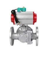 Кран шаровой DN.ru BV3232P(2pc)-FP-3WL-F-ISO-H Ду20 Ру16 HYMT, трехходовой L-тип, полнопроходной, фланцевый, корпус - нержавеющая сталь SS316, с пневмоприводом PA-DA-052, пневмораспределителем 4M310-08 24В NAMUR и магнитным переключателем ALS200D