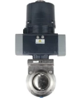 Затвор дисковый поворотный DN.ru WBV3131E-2W-C-H Ду50 Ру10 кламповый, корпус - пищевая нержавеющая сталь AISI 304, диск - нержавеющая сталь AISI 304, уплотнение - EPDM, с электроприводом четвертьоборотным DN.ru QTSA-N-003EM-O0-220VAC с пружинным возвратом
