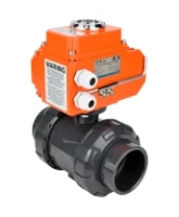 Кран шаровой DN.ru BV4242E-FP-GRM-ISO Дн50 Ру10 полнопроходной, клеевой с разборным муфтовым соединением, корпус - НПВХ, шар - НПВХ, уплотнение - EPDM, с электроприводом DN.ru QT-N-003EM-O1-24VDC-У1 HARK