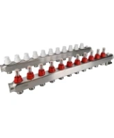 Коллекторная группа DN.ru GC2-31-11 1″ Ду25 Ру10 отводов — 11, в сборе с расходомерами и терморегулирующими клапанами, дренажным краном и воздухоотводчиком, с заглушками, без переходников, корпус - нержавеющая сталь AISI 304