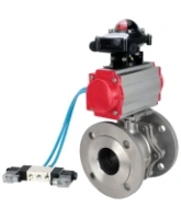 Кран шаровой DN.ru BV3232P(2pc)-FP-F-ISO-H Ду80 Ру16, полнопроходной фланцевый, нержавеющая сталь SS316, уплотнение - PTFE, с пневмоприводом PA-SA-130 с возвратными пружинами, с пневмораспределителем 4V320-08 AC220V, с БКВ APL-210N