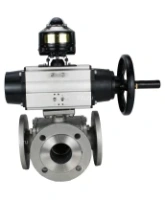 Кран шаровой DN.ru BV3232P(4pc)-FP-3WL-F Ду100 Ру16 полнопроходной трехходовой, фланцевый, корпус - нержавеющая сталь SS316, с пневмоприводом DN.ru PA-DA-105-1 двойного действия и БКВ APL-510N EX