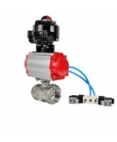 Кран шаровой DN.ru BV3232P(4pc)-SP-3WL-T-ISO-H WDVF Ду40 Ру63 стандартнопроходной, 3-ходовой L-тип, внутренняя резьба, нержавеющая сталь AISI 316, PTFE, с пневмоприводом PA-SA-130, пневмораспределителем 4V320-08 AC220V и БКВ APL-510N EX